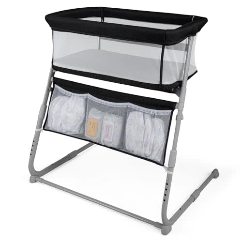 BABY JOY Bassinet, Bedside Crib w/Adjustable Height, Comfy Mattress, Full-Mesh Sides and Storage Pockets for Newborns Infants, Baby Bassinets Bedside Sleeper for Safe Co-Sleeping (Black)