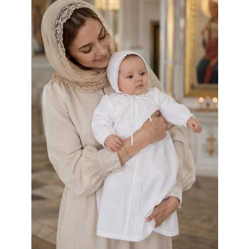 White Linen Christening Gown with Bonnet | Baby Baptism Dress, Lace Trim Outfit