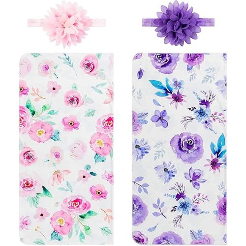 R HORSE Newborn Baby Swaddle Blankets Headband Sets Including 2 Pack of Floral Pattern Receiving Blanket & Headband for Baby Shower Newborn Gift (0-3 Months)