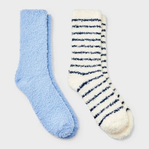 Women's 2pk Striped Chenille Mari Cozy Socks - Auden™ Navy/Solid Bauble Blue 4-10