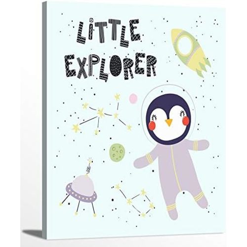 Astronaut Penguin Little Explorer Animal Space Nursery Cartoon Wall Art Gallery Wrapped Canvas Prints for Home, Nursery, Bedroom, Playroom, Daycare, Preschool Decoration