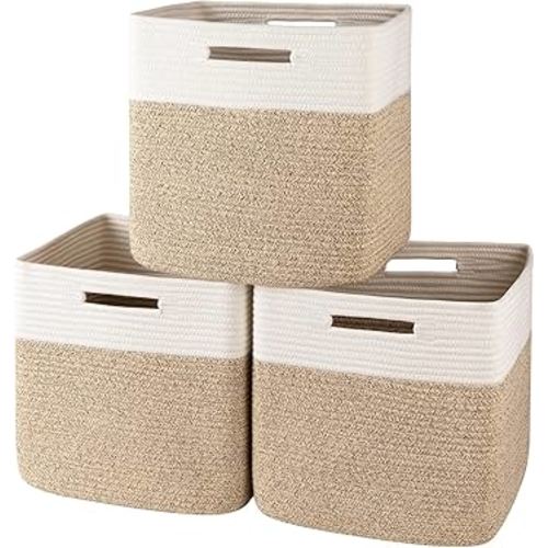 OIAHOMY 13 Kallax Inch Cube Storage Bins, 3-Pack Cotton Rope Woven Baskets for Organizing, Kallax Insert Storage Baskets for Shelves, Baby Nursery, Closet Organizer, 13*13*12.6IN, Brown & White