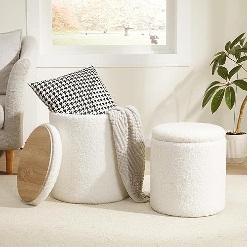 Royal Windsor Boucle Round Ottoman with Storage Set of 2,Small Foot Stool Ottoman for Living Room, Small Coffee Table,Vanity Stool with Storage for Bedroom, White