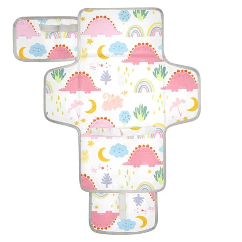 Dinosaur Rainbow Stars White Portable Diaper Changing Pad Waterproof Foldable Baby Changing Mat with Built-in Pillow Wipes Pocket Storage – Compact for Newborn Boys Baby Girls