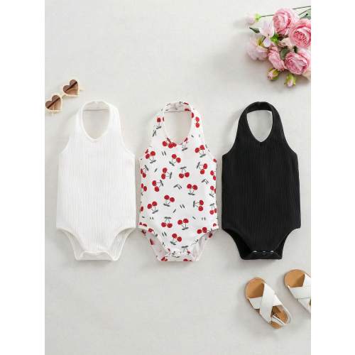 SHEIN 3pcs/Set Cute Solid Color Knit Camisole Bodysuit For Baby Girls, Summer
