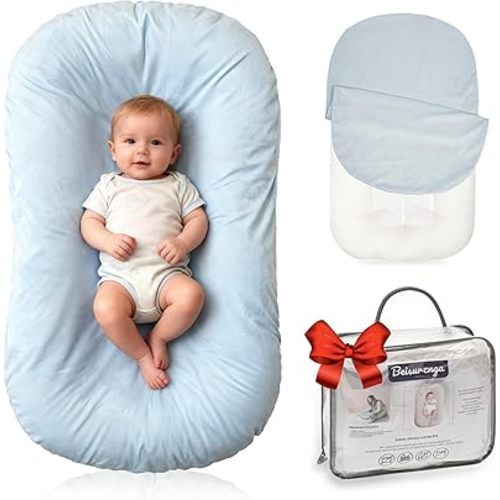 Baby Lounger for Newborn - Snuggle Cozy Me Lounger | Breathable Soft Cotton, 0-24 Months Portable Playtime Baby Nest, Newborn Baby Essentials Gifts- Blue (1 Lounger + 1 Cover)