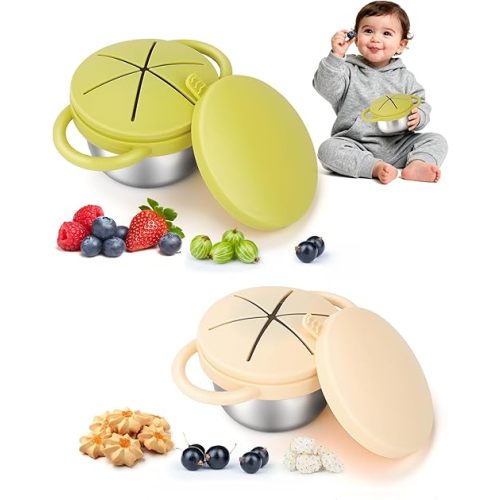 2 Pack Stainless Steel Snack Cups for Toddlers Spill Proof, Toddler Snack Containers with Spill-Proof Silicone Lids & Handles, Dishwasher Safe Perfect for Mess-Free Snacking (Yellow+ Beige)