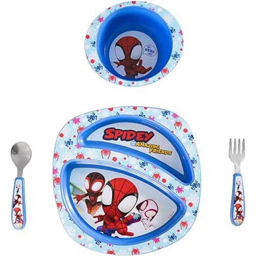 The First Years Spidey and His Amazing Friends Toddler Dinnerware Set - Toddler Plates and Toddler Utensils - Dishwasher Safe Toddler Feeding Supplies and Kids Utensils - 4 Count
