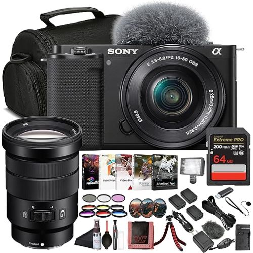 Sony ZV-E10 Mirrorless Camera Black with 16-50mm Power Zoom Lens (ILCZV-E10L) – 24.2 MP APS-C Sensor, 4K Video, Vari-Angle Screen w/Sony 18-105mm Lens, 64GB Memory Card and More