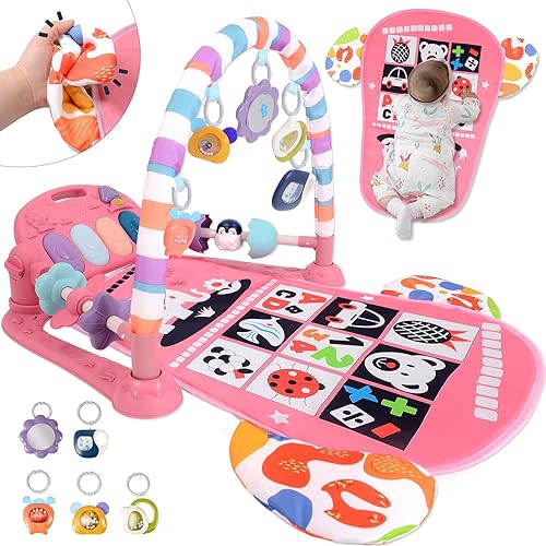 Baby Play Gym for 0-6 Months, High Contrast Tummy Time Mat, Kick and Play Piano, Music and Lights, Newborn Gifts for Girls, Pink