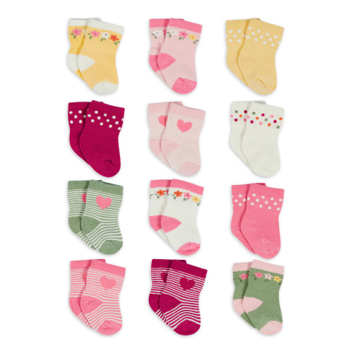 Onesies Brand Baby Girl Assorted Stay-on Jersey Crew Wiggle-Proof Socks, 12-Pack, 0/6M- 24M