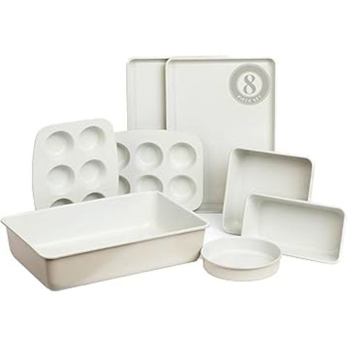 Larder & Vine 8-Piece Bakeware Set | Non-Stick Baking Set with Ceramic Finish | PFAS, PFOA, PTFE, and BPA Free Baking Essentials | Baking Sheets, Muffin Tins and Assorted Baking Pans | French Gray