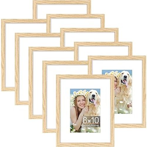 decorUhome 8x10 Picture Frame Set of 10, Display Photos 5x7 with Mat or 8x10 Unmatted for Picture Frames Collage Wall Decor, Natural