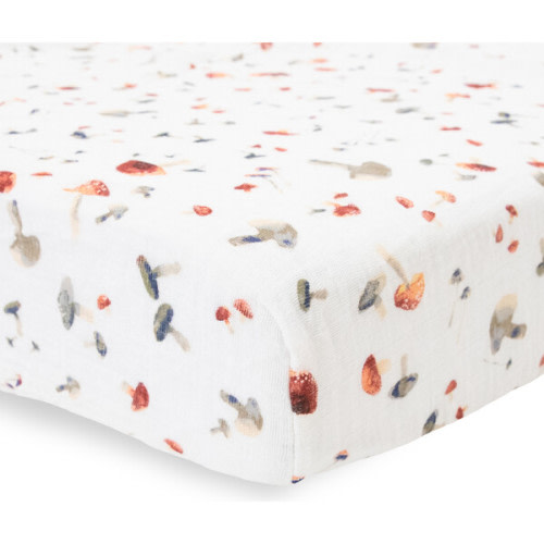 Cotton Print Muslin Standard-Size Crib Sheet, Mushrooms - Little Unicorn | Maisonette