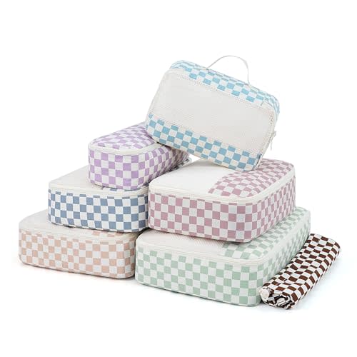 Narwey Packing Cubes for Travel, Luggage Organizer Bags for Women Kids | 7 Pieces, Mesh Top, Cute, Soft & Durable Fabric, Vivid Patterns, Gifts, for Carry on, Backpack, Suitcase, Family Travel