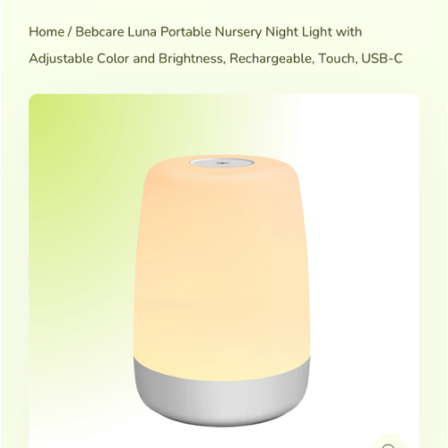 Bebcare Luna Portable Nursery Night Light with Adjustable Color and Brightness, Rechargeable, Touch, USB-C
