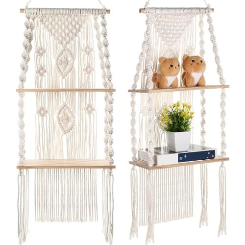 Barydat 2 Pack Macrame Wall Hanging Shelf 2 Tier Handmade Boho Hanging Wall Shelf Floating Woven Rope Decorative Storage Racks Holder Organizer for Home Bedroom Bathroom Plants, Beige (Retro)