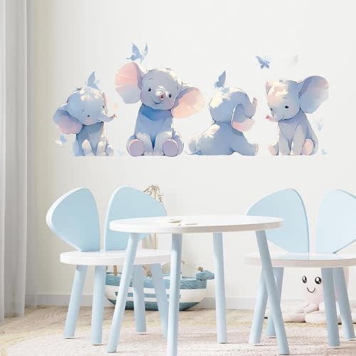 Four Baby Elephants with Butterflies Wall Decals Removable Animal Vinyl Stickers for Nursery Kids Bedroom and Playroom Decor Peel and Stick Wall Art
