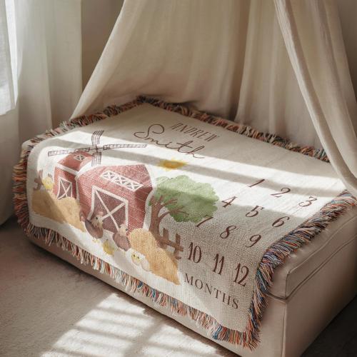 Personalized Farm Theme Milestone Blanket Baby Blanket Farm Truck Woven Blanket Custom Baby Boy Name Blanket Baby Shower Gift Truck-themed