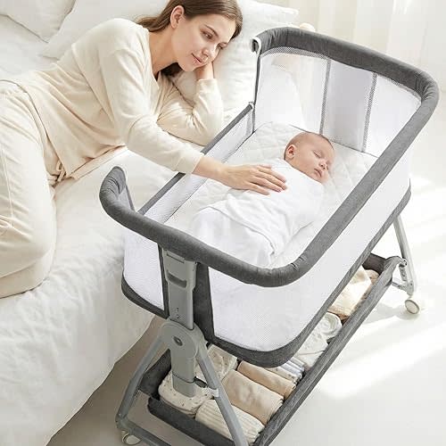3 in 1 Baby Bassinet Bedside Sleeper with Mattress and Wheels, 5 Height Adjustable Bed Side Bassinets for Newborn, Gray Rocking Bassinet for Baby