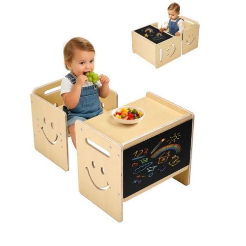 3-in-1 Montessori Toddler & Kids Wooden Table and Chair Set with Chalkboard, Adjustable Height Activity Table for Ages 1-5, Natural Finish