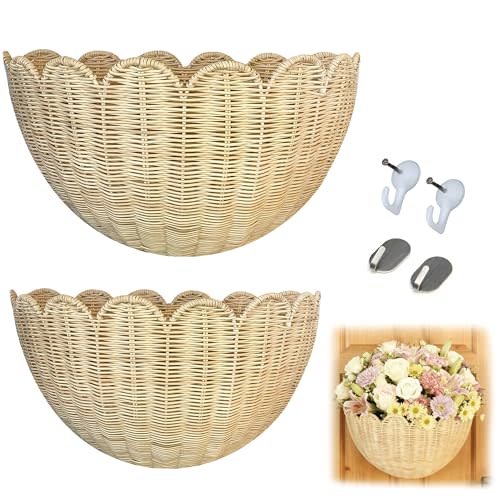 2Pcs Scalloped Wall Basket Set (16×10×8in & 14×8×6in), Handwoven Rattan Wicker Hanging Baskets, Boho Style Wall Decor and Storage Organizer for Living Room, Bathroom, Bedroom, or Entryway