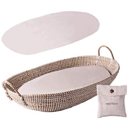 Baby Changing Basket with Pad - CPSC Safety Compliant - Woven Diaper Changing Table Basket - Changing Pad Liner & 100% Linen Removable Cover Included - Seagrass Table Basket (32” x 16“ x 4“) (Linen)