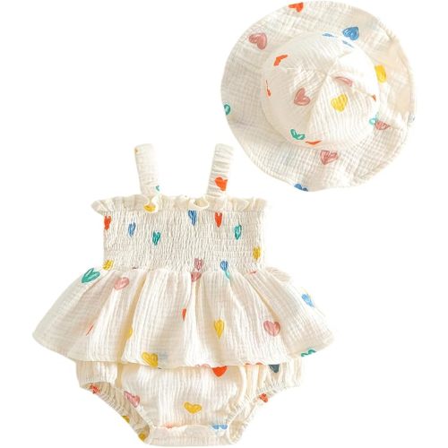Mubineo Baby Girl Clothes Summer Dress Cotton Linen Romper Sleeveless Smocked Rompers Sun Dress Hat Skirt Boho Outfits (F Beige Heart, 6-9 Months)