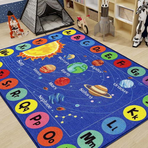 Outer Space Kids Rug Carpet for Playroom, ABC Educational Learning Area Rug, Non-Slip Solar System Road Play Play Rug for Kids Bedrooms, Classroom, Nursery Room Decor (Blue, 59X39.4 INCH)