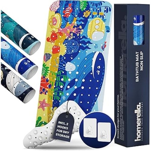Bath Tub Mat Non Slip Anti Mold for Kids BPA Free INCL Hooks - homerella® Ocean Sea Animals 40x16, Baby Bath Mat Non Slip 200 Suction Cups, Non Toxic Machine Washable Toddler Bath Mat, EU Certified