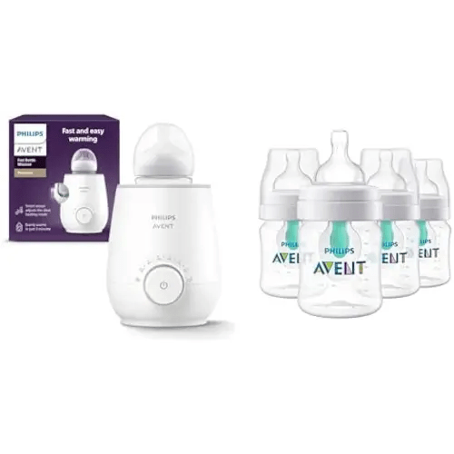 Philips Avent Warming Bundle with Anti-Colic baby bottle with AirFree Vent 4 Ounce 4 Pack + Fast baby bottle Warmer