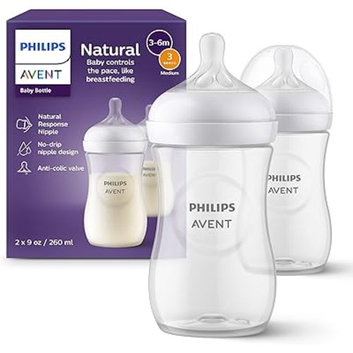 Philips Avent Natural Baby Bottles with Natural Response Nipples (Medium Flow, Flow 3), 9oz, 2-pack, SCY903/02