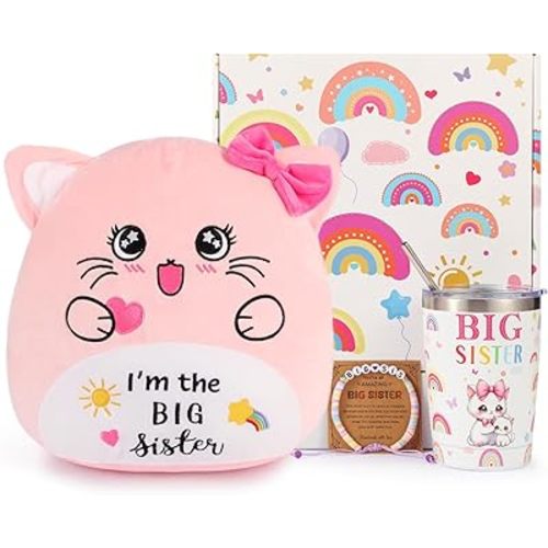 Big Sister Gifts for Girls, New Sibling Gift, 3PCS Big Sis Announcement Gifts for Girls, Bigger Sister Bracelet, 12 oz New Sibling Cup & 12-Inch Bigs Sis Cat Stuffed Animals (Big Sister Cat)