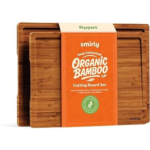SMIRLY Bamboo Cutting Boards, Brown Bamboo Wood Cutting Board for Kitchen, Set of 2 Medium -Small & Deep Juice Groove, Butcher Block for Chopping Meat, Charcuterie Cheese Tray, Kitchen Gadgets