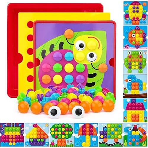 Button Art Toys for Toddlers, Color Matching Mosaic Pegboard for Age 3-5,Early Preschool Learning Activity Button Crafts Educational Toys, Fine Motor Skills Game, Gifts for Boys & Girls 3+