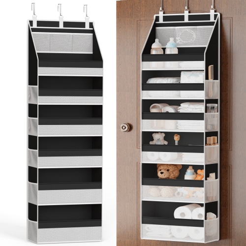 Criusia 6-Shelf Fabric Over the Door Organizer, Thickened non-woven fabric Closet Hanging Storage, 3 Pcs upgrade hooks, 55lbs Capacity, Black