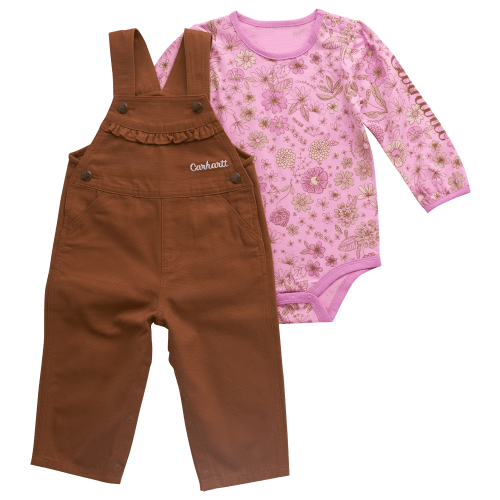 Carhartt Floral Long-Sleeve Bodysuit and Canvas Overalls 2-Piece Set for Baby Girls