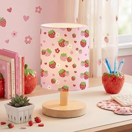 VIHOSE Strawberry Kids Table Lamp for Bedroom Kids Bedside Lamp with Linen Wooden Nightstand Cartoon Nursery Lampshade for Girls Boys Living Room