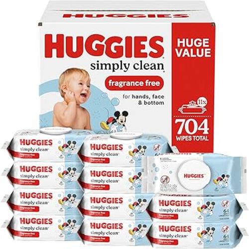 Huggies Simply Clean Unscented Baby Diaper Wipes, 11 Flip-Top Packs (704 Wipes Total), Packaging May Vary
