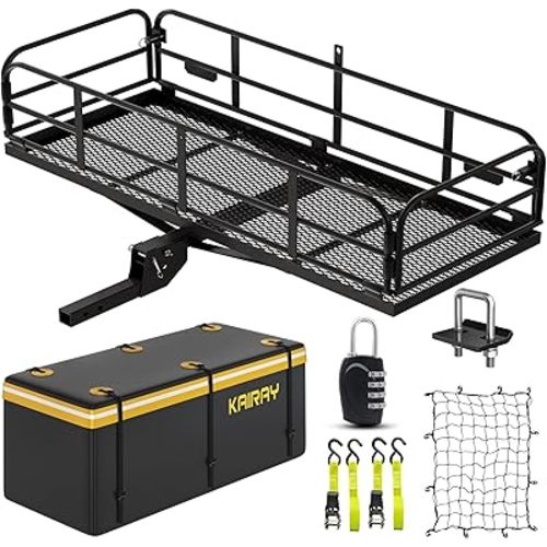 KAIRAY 500 Lbs Heavy Duty Hitch Mount Cargo Carrier 60"x24"x14.4" Folding Rear Luggage Rack Basket Fits 2" Receiver for Car SUV Camping Traveling with Stablizer Waterproof Bag Net Ratchet Straps Lock