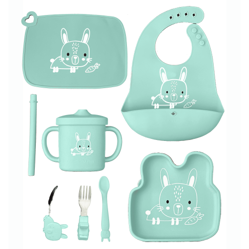 SnD Plus Silicone Baby Feeding Set – 8 PCS Toddler Self-Feeding Set with Suction Plate, Placemat, Adjustable Bib, Sippy Cup, Straw, Two Spoon, Fork – Green Bunny