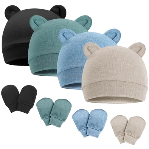 Newborn Baby Hat and Mittens Set Bear Ears Toddler Infant Beanie Caps Newborn Hospital Hat for Baby Boy Girl 0-3 Months