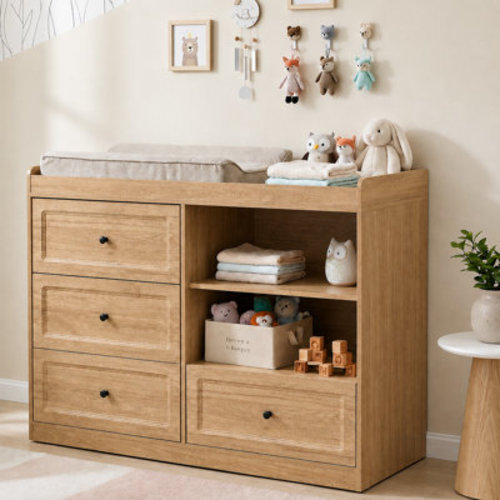 Changing Table Dresser, Baby Nursery Dresser With 4 Drawers And 2 Adjustable Shelves, Wooden Baby Diaper Changing Station, Natural Wood | Wayfair