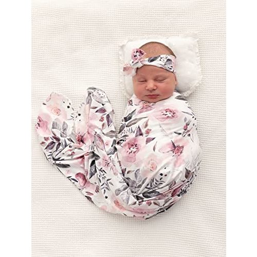 Terriboo Newborn Floral Print Blanket Baby Stretch Wrap Swaddle Receiving Blanket with Matching Headband and Beanie (Ink Pink)