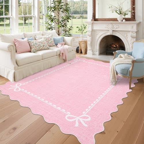 GarveeHome Scalloped Bow Rug 5x7 Washable Pink Rugs for Bedroom Living Room | Non Slip Soft Low Pile Indoor Carpet for Nursery Girls Bedroom Decor Hallway Kids Room College Dorm Playroom