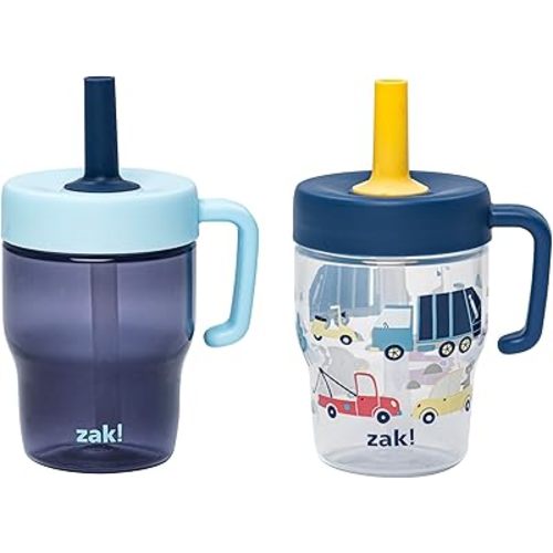 Zak Designs Capri Toddler Tumbler For Travel or At Home, 10oz 2-Pack Durable Plastic Sippy Cups With Handle and Leak-Proof Design are Perfect For Kids (Wheels, Blue)