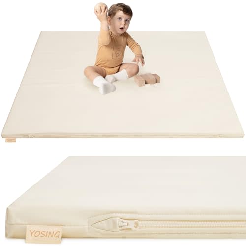 YOSING Padded Baby Play Mat, Vegan Leather 50x50 Playpen Mat, Waterproof Tummy Time Mat for Boy& Girl, Extra Thick& Super Soft Baby Playmat That Fits Nicely Into Any Playroom, Beige