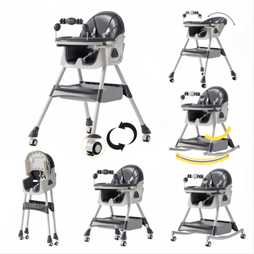 5-in-1 Baby High Chair & Rocking Chair & Baby scooter & Feeding Chair  with Toy Rack for for 0 Months to 3 Years,Convertible,Grey