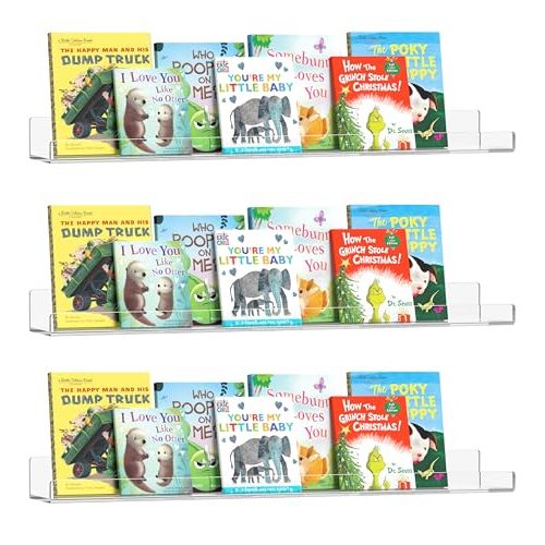 HBlife 24 Inches Invisible Wall Floating Bookshelf for Kids and Nursery, 16 Inch Stud Spacing Clear Acrylic Shelves for Figures, 3 Pack (5MM Thick)