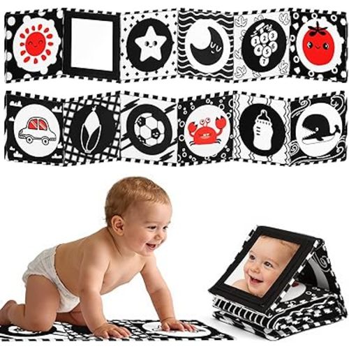 High Contrast Baby Toys for Newborn – Black White Tummy Time Mirror Toy, Crinkle Sensory Baby Book 0-6 Months for Newborns, Attach to Crib/Stroller/Car Seat